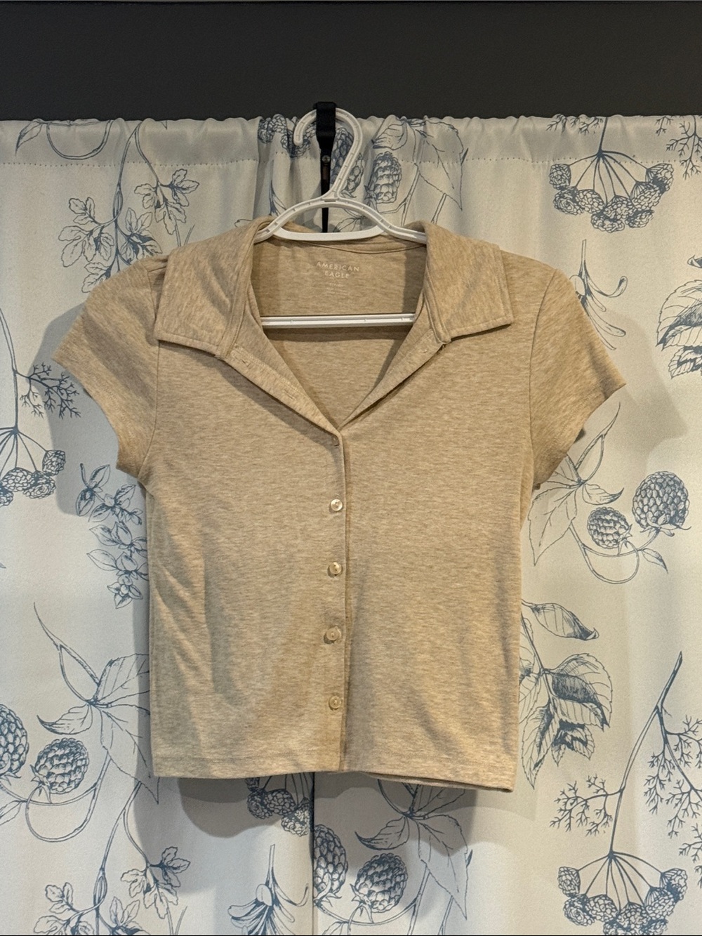 American Eagle Outfitters Beige Short Sleeve Button-Down Polo Top